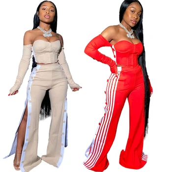 06080NB Fashion Sexy Summer off the shoulder Top And slit Pants 2 Pcs Track Suit Outfits Two Piece Set Women Clothing