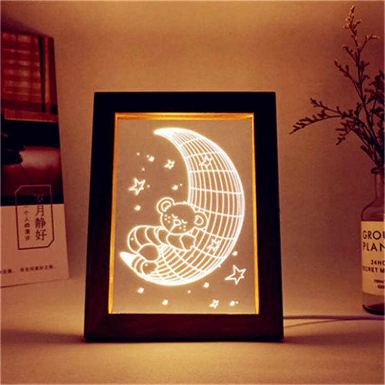 Customize Abstract Photo Frame Laser Cut Acrylic Led Night Lights 3D Wood Frame Optical Nigh Lamp Gift