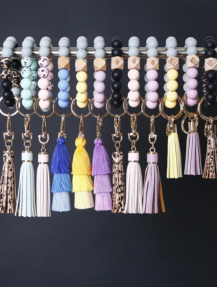 Silicone Beads Elastic Bangle Bracelet Keychain Leather Tassel Silicone