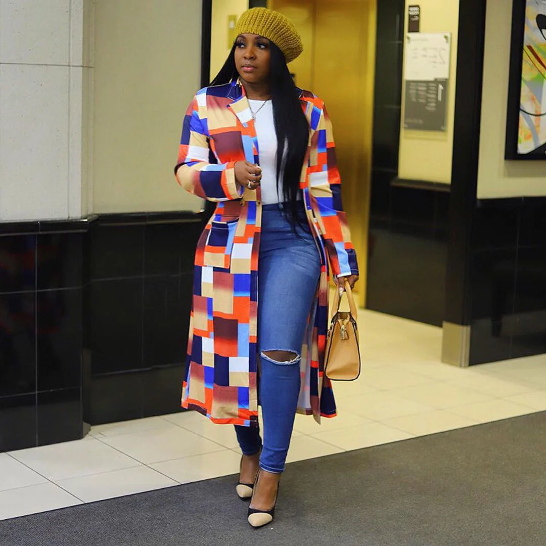 Winter Color Block Long Sleeve Outerwear Plus Size Plaid Print Trench Coat  for Women Elegant Oversized Loose Coats and Jackets