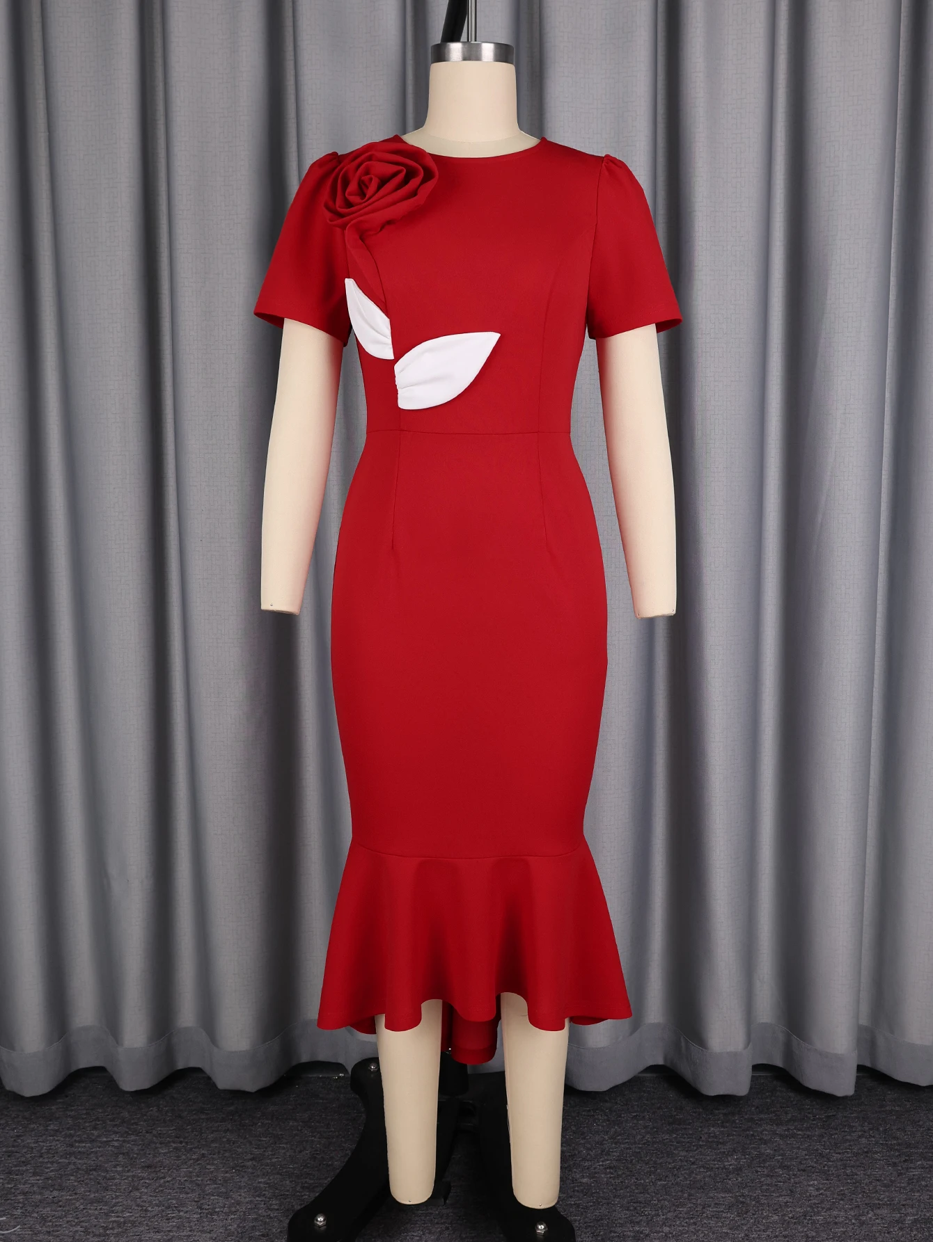ADR051204 Elegant Short Sleeve Formal Party Dress Summer Midi Red Mermaid  Dresses with Flower