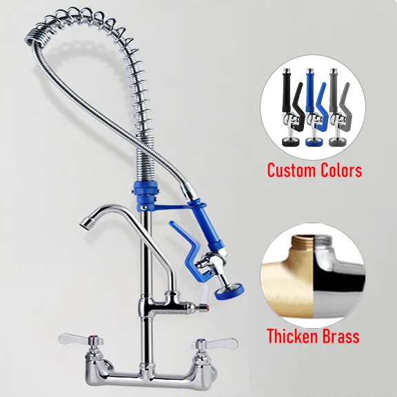 صنبور مطبخ تجاري مثبت على الحائط بنظام مقبض مزدوج، هيكل من الفولاذ المقاوم للصدأ 304sus وجسم من البراس، للشطف المسبق في المزارع الخارجية