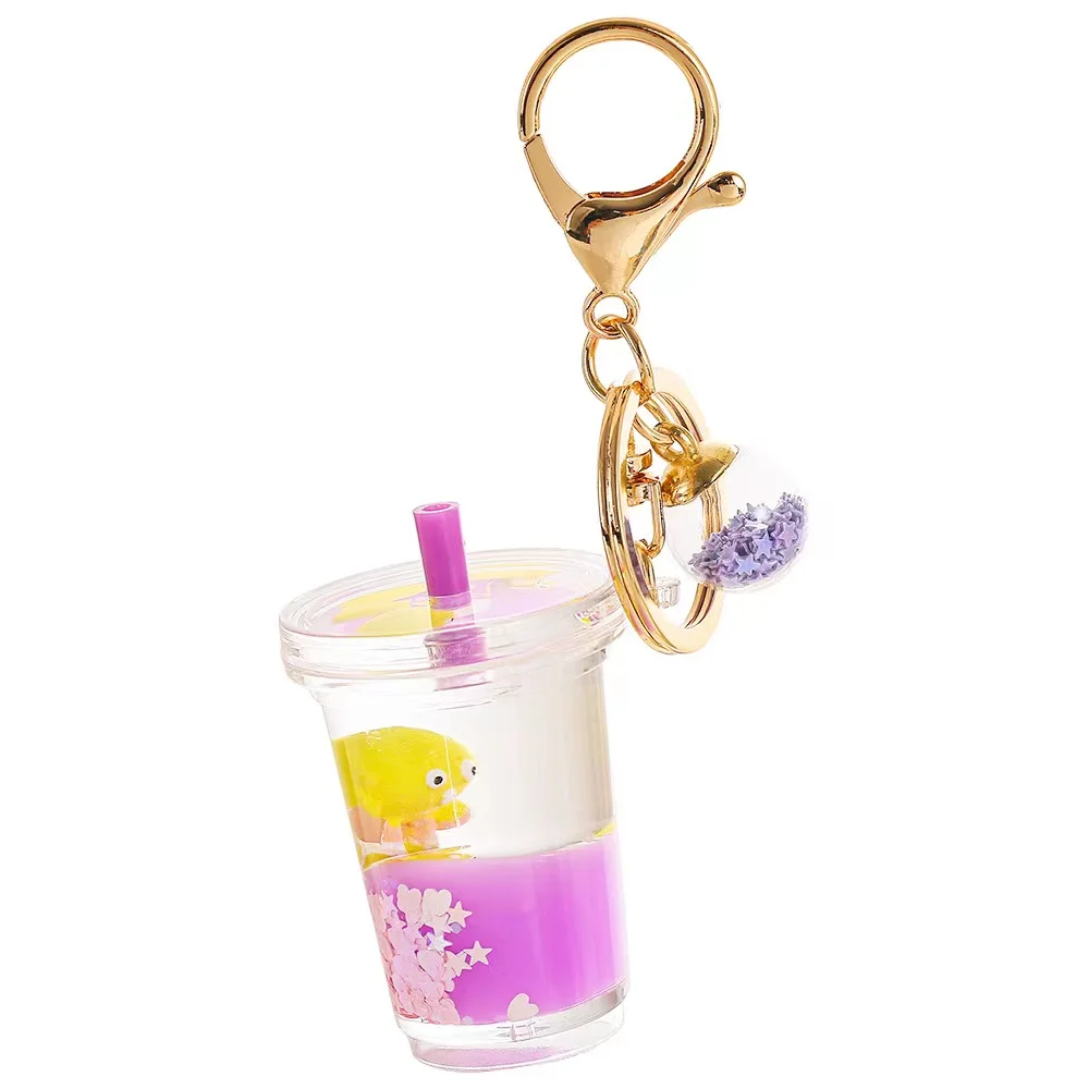 Cartoon Milk Tea Keychain Cute Floating Liquid Photo Frame Mug Drink Bottle Keyring Key Charm Gift for Girls Bag Pendant