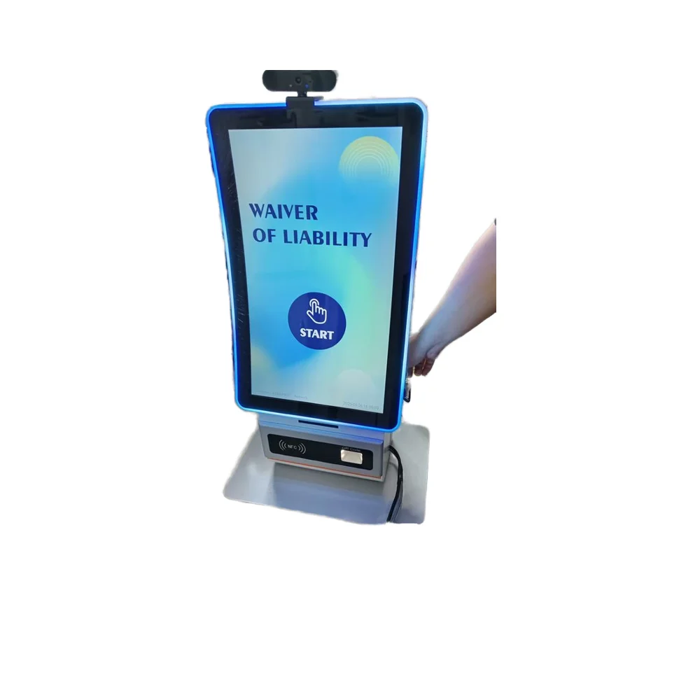 Desktop/Wall-Mounted E-Disclaimer Self Service Curved Screen Metal QR Code/RFID Reader Ticket Vending Terminal for Trampoline
