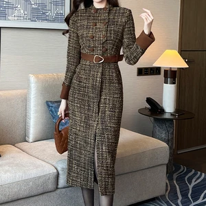 ZYHT 11490 Ready Ship Women Spring Elegant Double-Breasted Plain Tweed Fabric Pockets Coat Career Long Midi Dress for Ladies