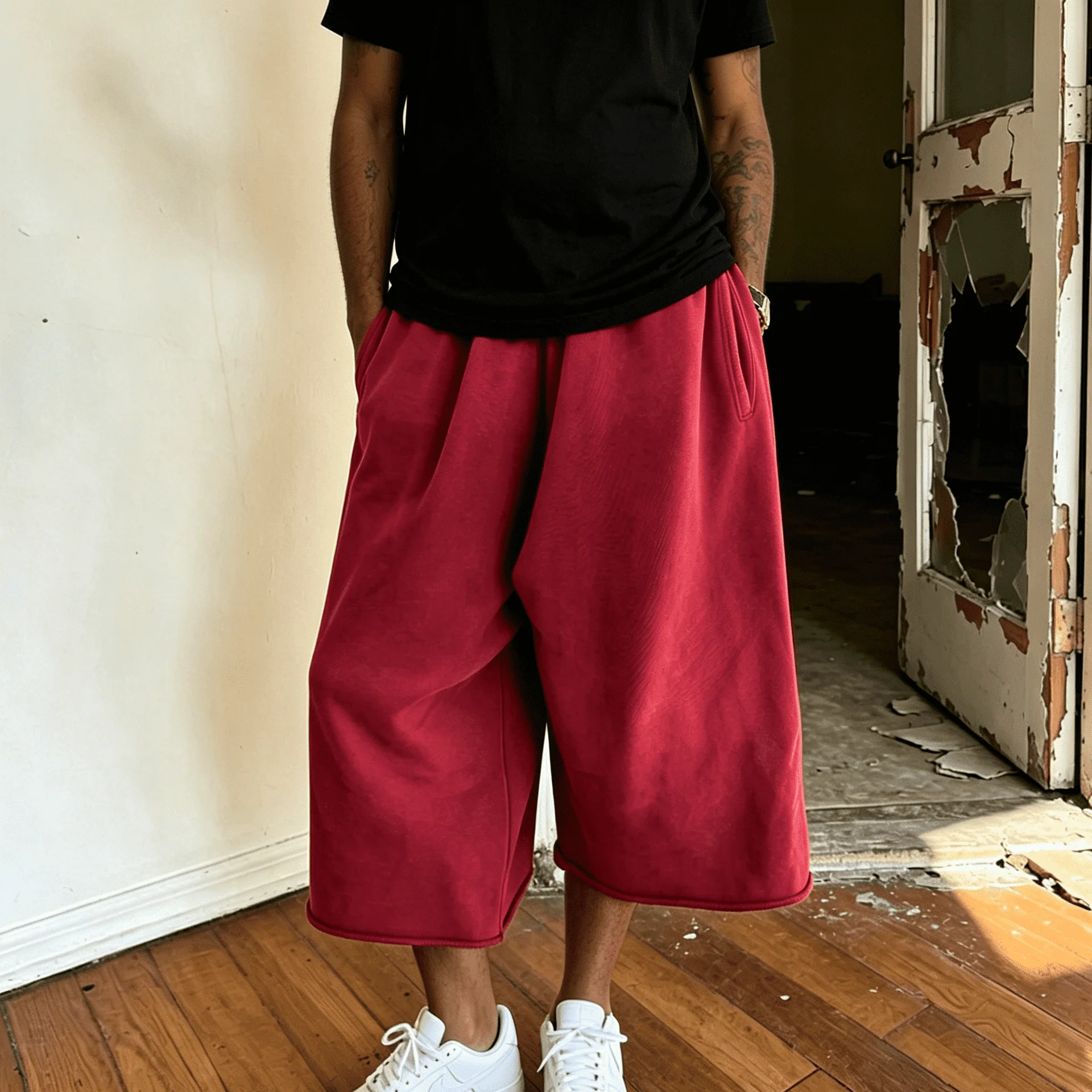 Custom LOGO Acid Washed 100%Cotton 3/4 Extend Long Shorts Running Vintage Distressed Print Plus Size Baggy Sweat Shorts for Men gallery 6