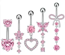 Set 5 Cute Pink Heart Butterfly Bow Flower Navel Belly Rings Stainless Steel Piercing Jewelry Dangle for Wedding Engagement Gift