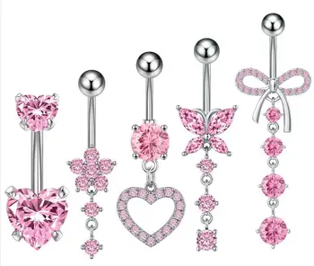 Set 5 Cute Pink Heart Butterfly Bow Flower Navel Belly Rings Stainless Steel Piercing Jewelry Dangle for Wedding Engagement Gift