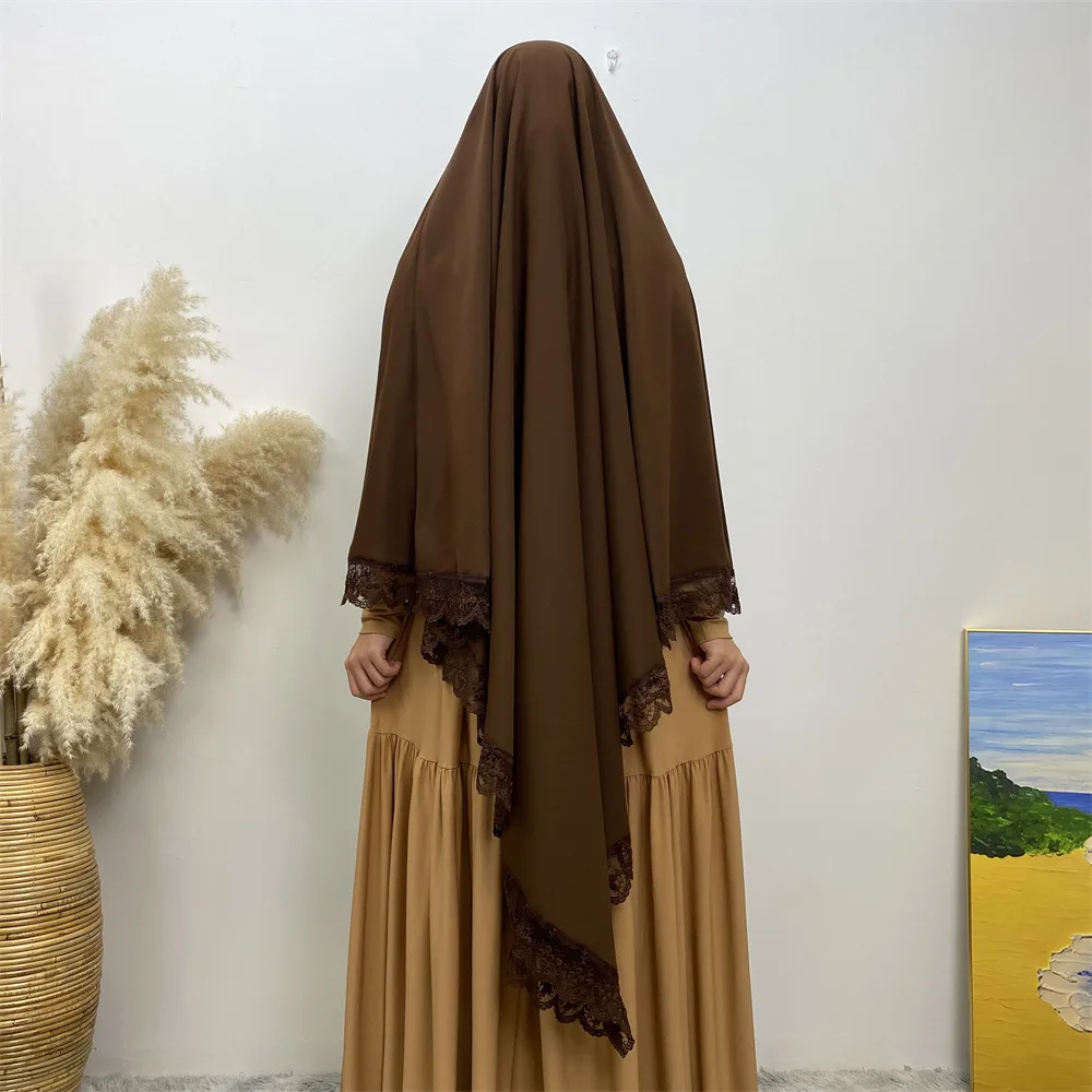 13 Colors Single Layer One Piece Tie up Nida Khimar Hijab with Niqab Lace Side Muslim Women Prayer Islamic Clothing