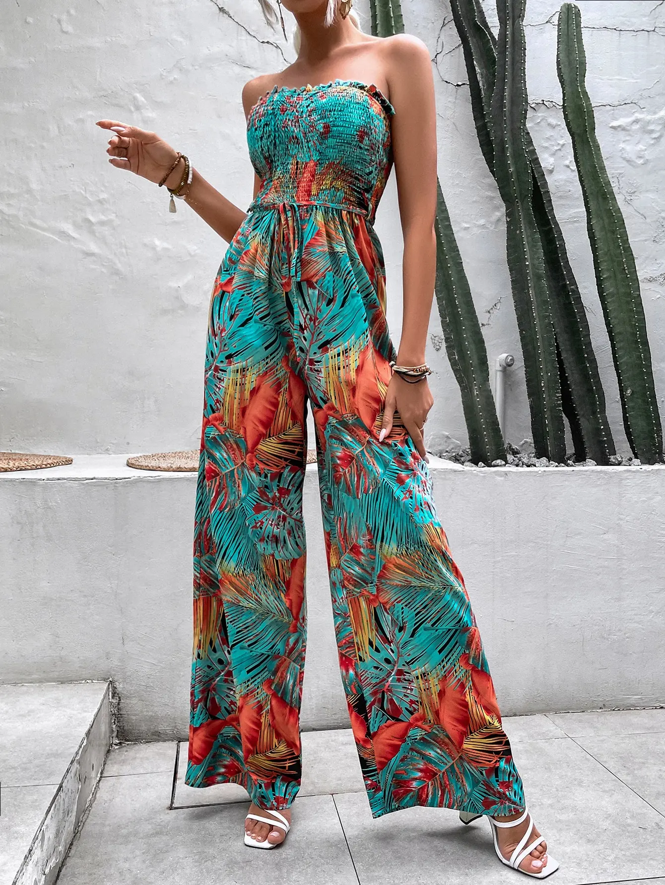 2022 New Summer Women Print Shirred Belted Tube Jumpsuit Backless ...
