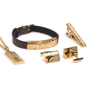Etched 18K Yellow Gold Plated Stainless Damascus Steel Genuine Leather Bracelet Tie Clip Pendant Cufflinks Jewelry Set Men