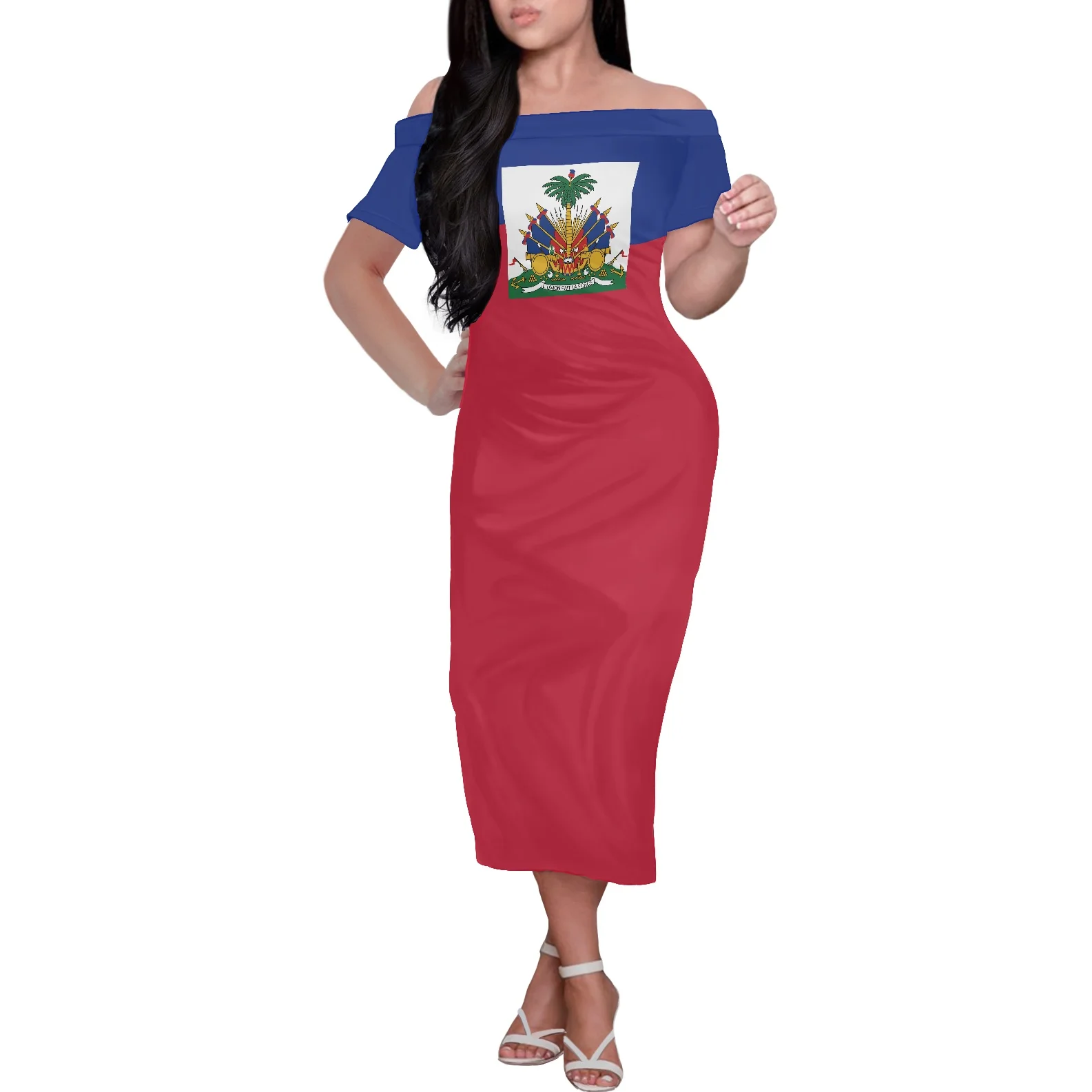 Haitian Traditional Dresses Women Casual Summer Party Short Sleeve  Close-fitting Off Shoulder Dress Haiti Flag Cultural Outfit