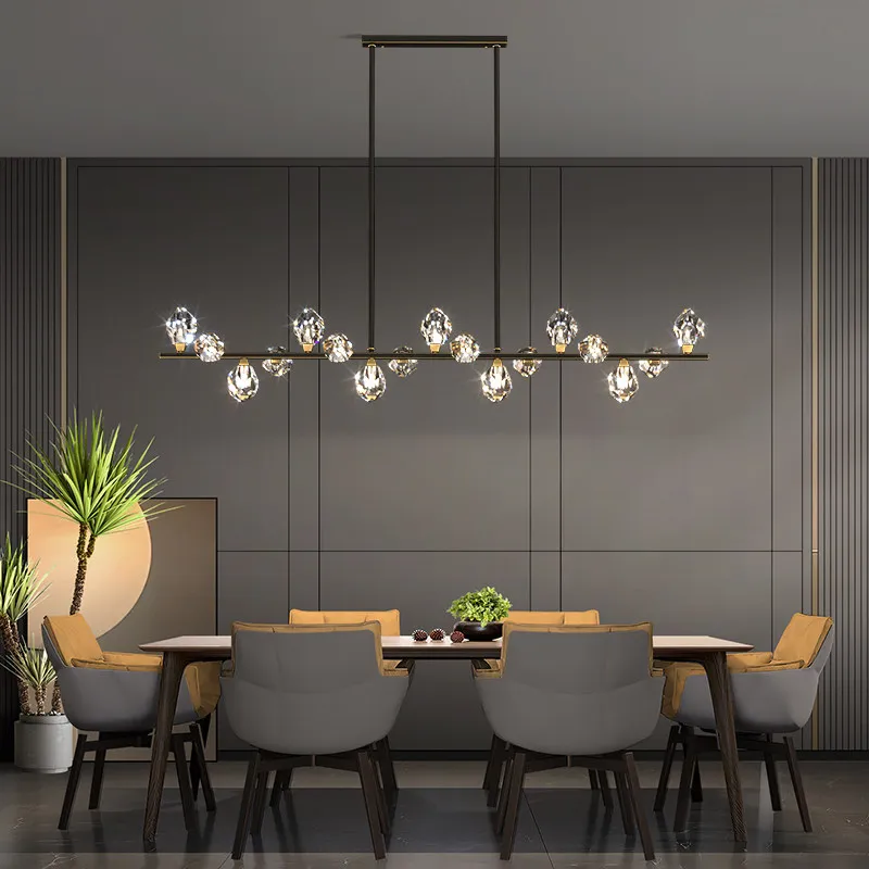 Lampu Gantung LED Baharu untuk Ruang Makan Panjang, Warna Putih Hangat dengan Bahan Tembaga & Kristal, Direka Khas untuk Meja Makan & Pulau Dapur di Restoran Mewah