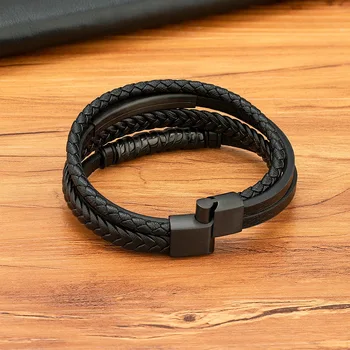 Punk Design Genuine Leather Bracelet Black Rope Leather Bracelet