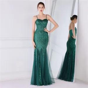 New Women's Evening Dress, Elegant Thin Straps, V-neck, Sequined, Long Mermaid Tail, Suitable for Formal Banquets and Parties.