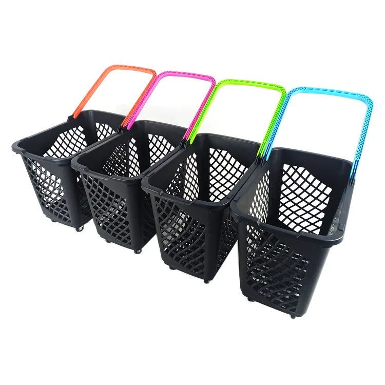 Plastic Shopping Basket With Handles Wheel Supermarket Shopping Cart