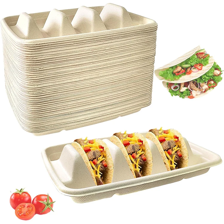 Sugarcane Taco Box to Go Disposable Custom Take Out Food Box Clamshell Container Bagasse Taco Holder for 3 Tacos