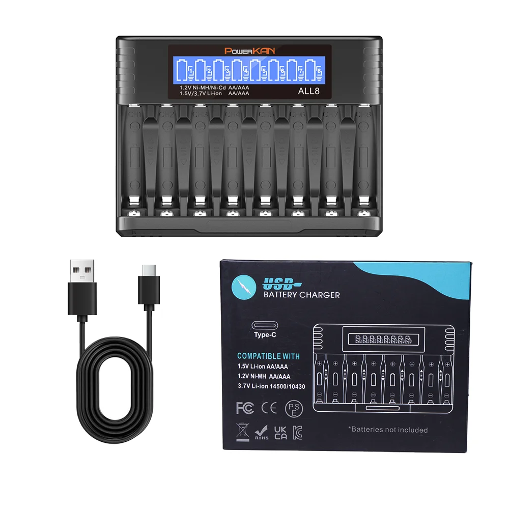 POWERKAN ALL8-B LCD 1.2v Ni-MH Battery Charger AA AAA1.5V Lithium Battery Charger Eight-slot Charger