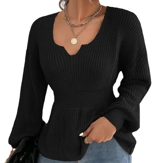 Women's Fashion V-Neck Pullover Sweater Solid Color Long Sleeve Ruffled Waist Blouse Casual Knitted Acrylic Autumn OEM Service