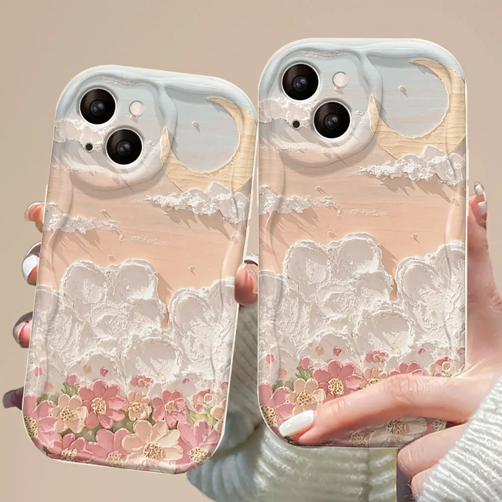 Laudtec Sjk746 Oil Painting Cloud Flower Phone Case Elegant Camera Lens Protection For Iphone 16 15 14 13 12 11 Plus Pro Max