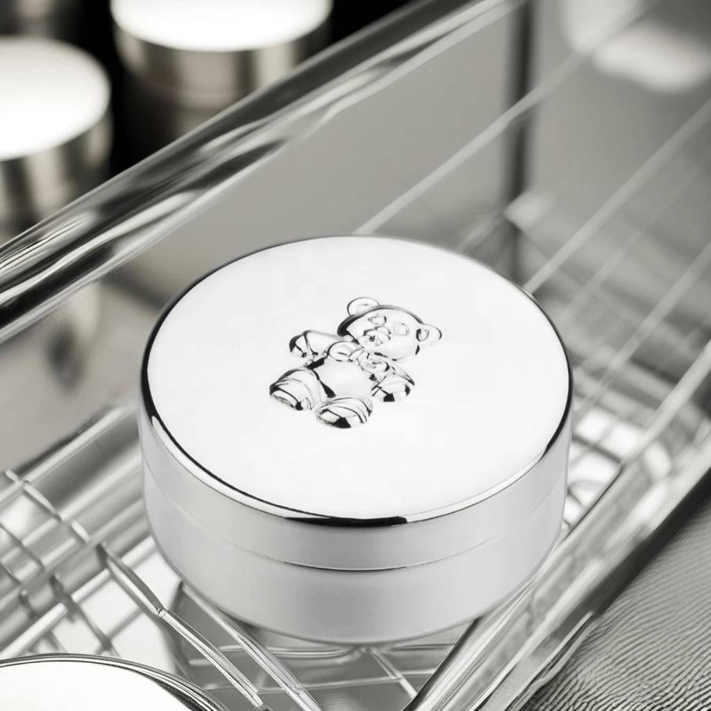 Elegant Design Metal Round Box Mini Teddy Bear Trinket Box Silver Bear Pattern Keepsake Box for Personalized Gift