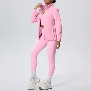 Women's Autumn Winter Velvet Sweatshirt Thickened Stand Collar Zipper Jacket for Outdoor Sports Warm Fitness Yoga Suit Front