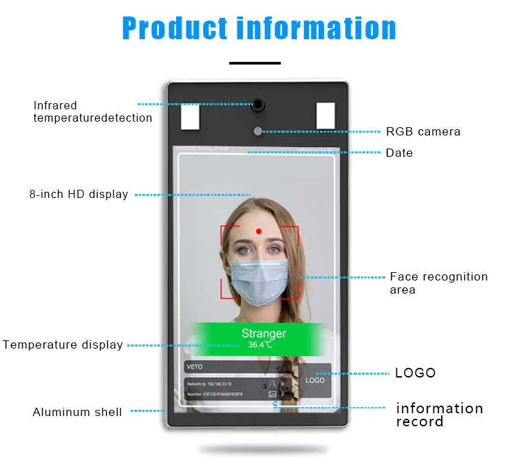 Оптовая продажа по 8 дюймов ЖК-панель ворота безопасности камера sdk для распознавания лиц и проверка температуры датчик