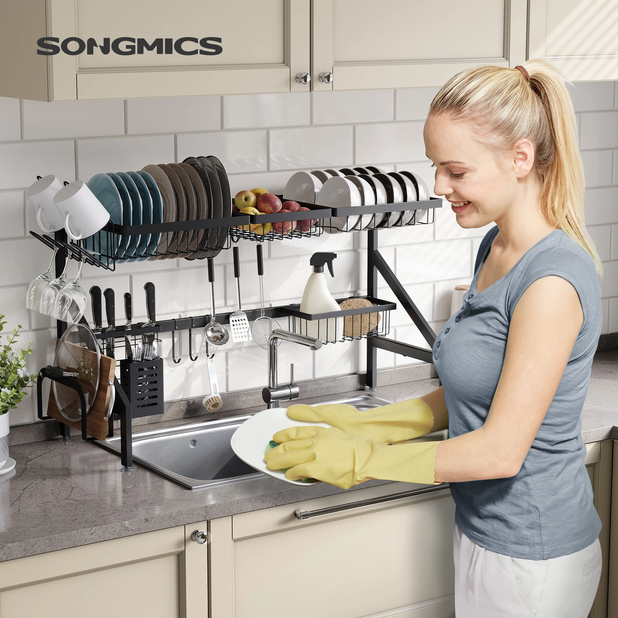 SONGMICS 2-Tier Dish Drying Rack, Silver + Gray