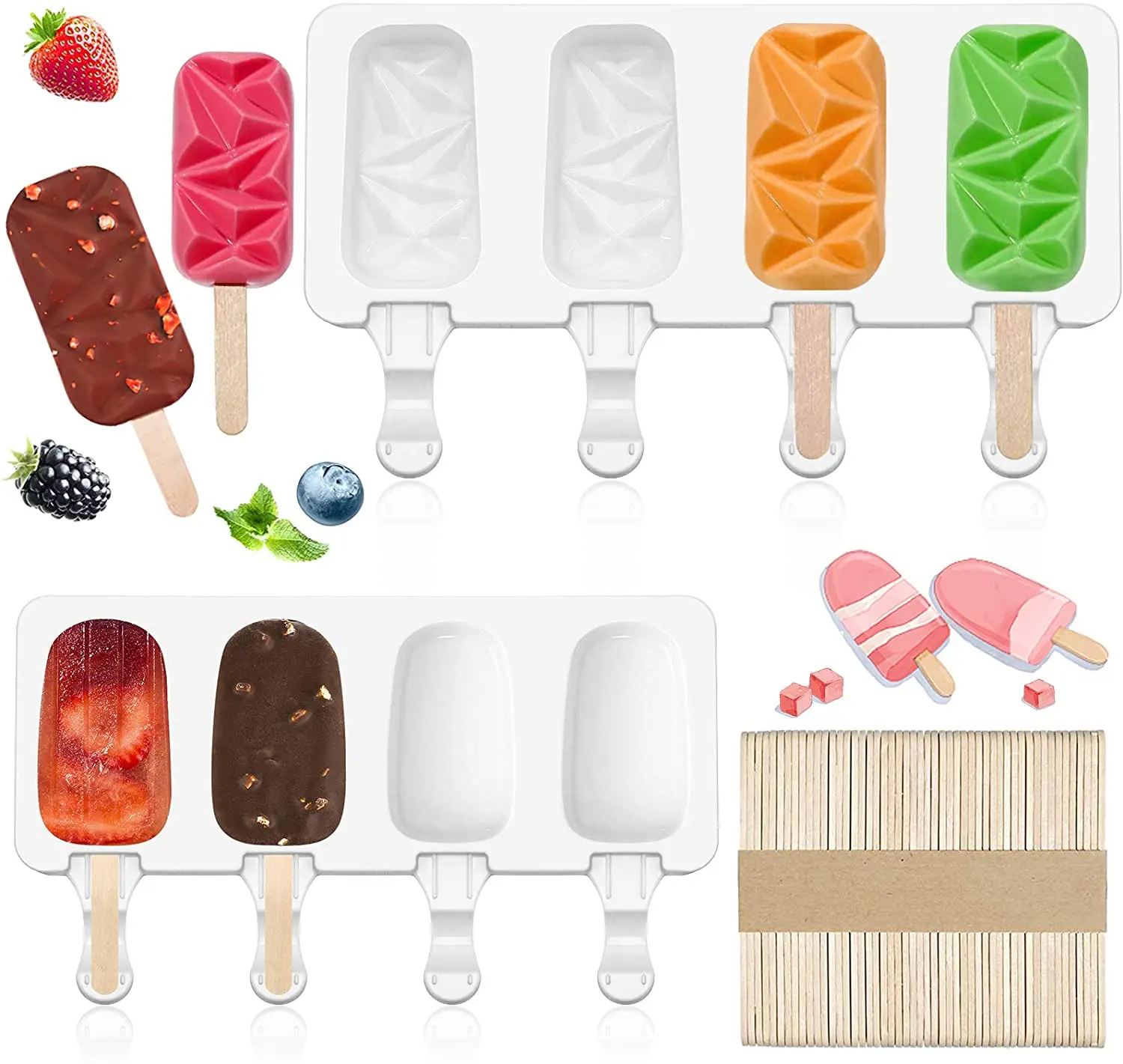 2-Pack Silicone Popsicle Molds For Cake Pops - 4 Cavities Diamond Oval Shape, BPA Free With 50 Wooden Sticks