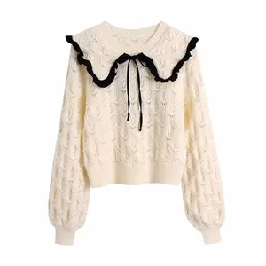 European American Style New Women's Sweet Autumn Short Versatile Fashion Classic Doll Collar Ruffles Bow Knitted Long Sleeve