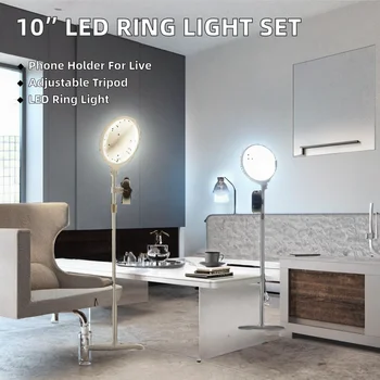 Aluminum Ring Light Stand Tripod Phone Holder with LED for Video Recording Makeup Streaming & YouTube/TikTok (White) detail image