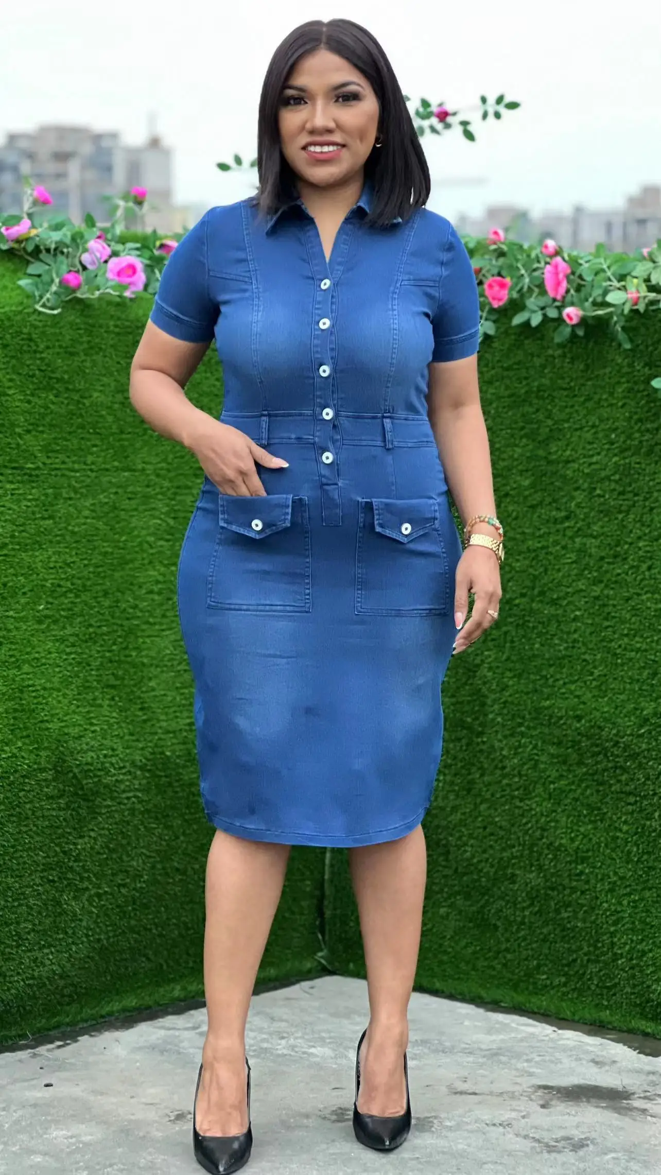 bodycon plus size denim dress Plus Size Bossy Collar Denim Mini Dress-Denim 3X / Denim at Curvy Sense