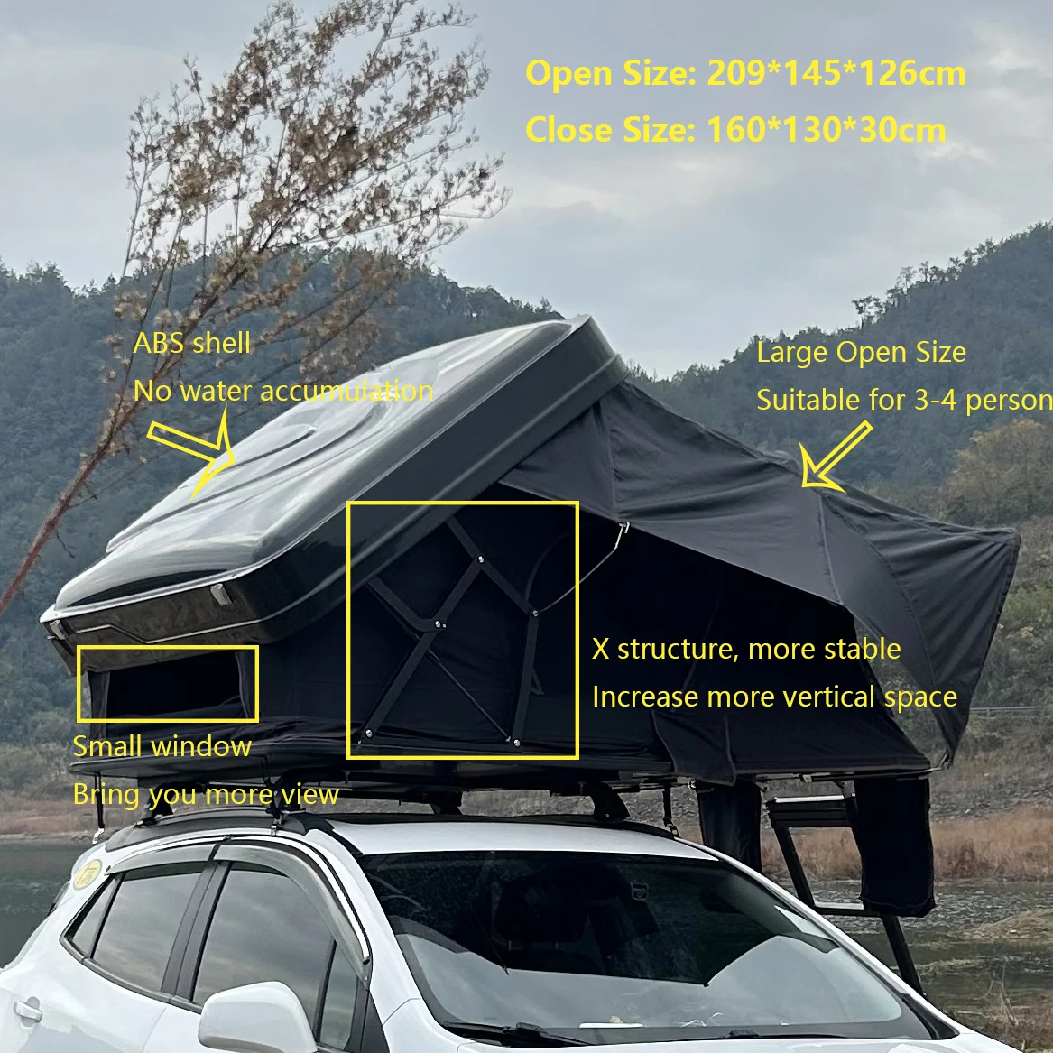 Hard Shell Roof Top Tent with 280G Polyester Cotton Waterproof 2000-3000 Mm for 3-4 Person Outdoor Camping