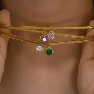 New Fashion Round Zircon Pendant Necklace for Women Herringbone Chain with Gold Plated Stainless Steel for Gift