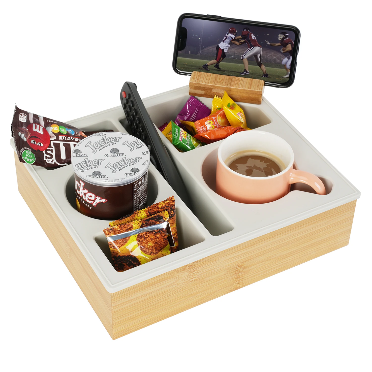 Plateau Accoudoir Silicone Gris - Porte-gobelet Anti-déversement - Poches Téléphone/télécommande