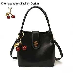 Bucket Design Zipper PU Leather Handbag for Women 2026 New Design Luxury Hot Sale Shoulder Bags With Cherry Pendant