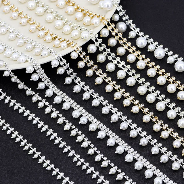 New arrival 2024 design cup chain trimming with pearls rhinestones cup chain trimming