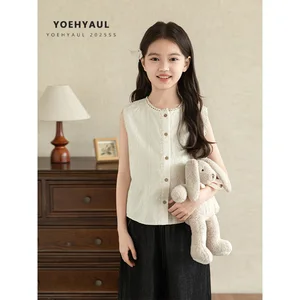YOEHYAUL CD1545 100% Cotton Big Girl Toddler T-shirt Jacquard Embroidered Vest Kids Casual Solid-color Sleeveless Top for Kids