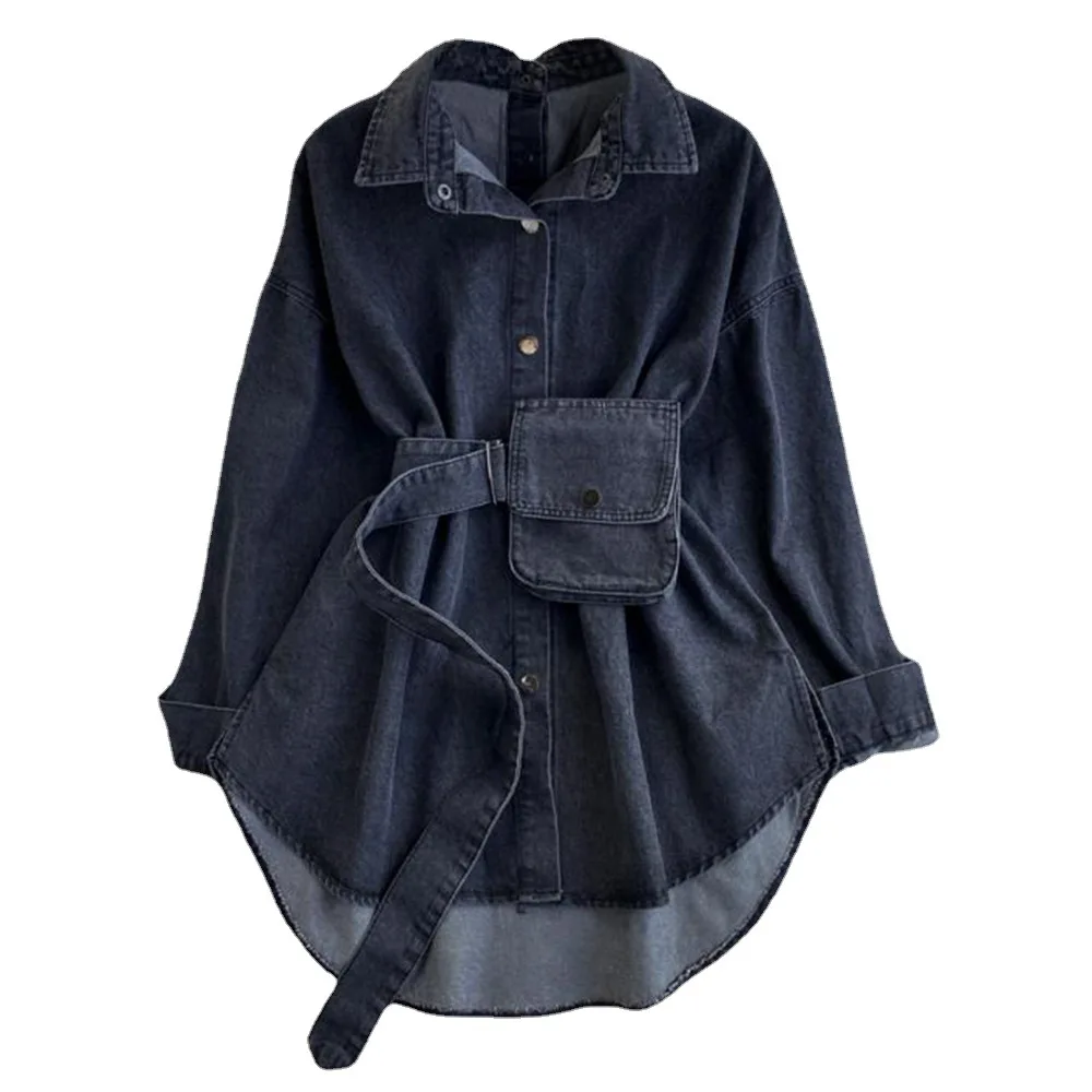 Spring Denim Blouse Jacket Women Denim Shirt Dresses Long Sleeve Distressed Jean Dress Button Down Casual Tunic Top