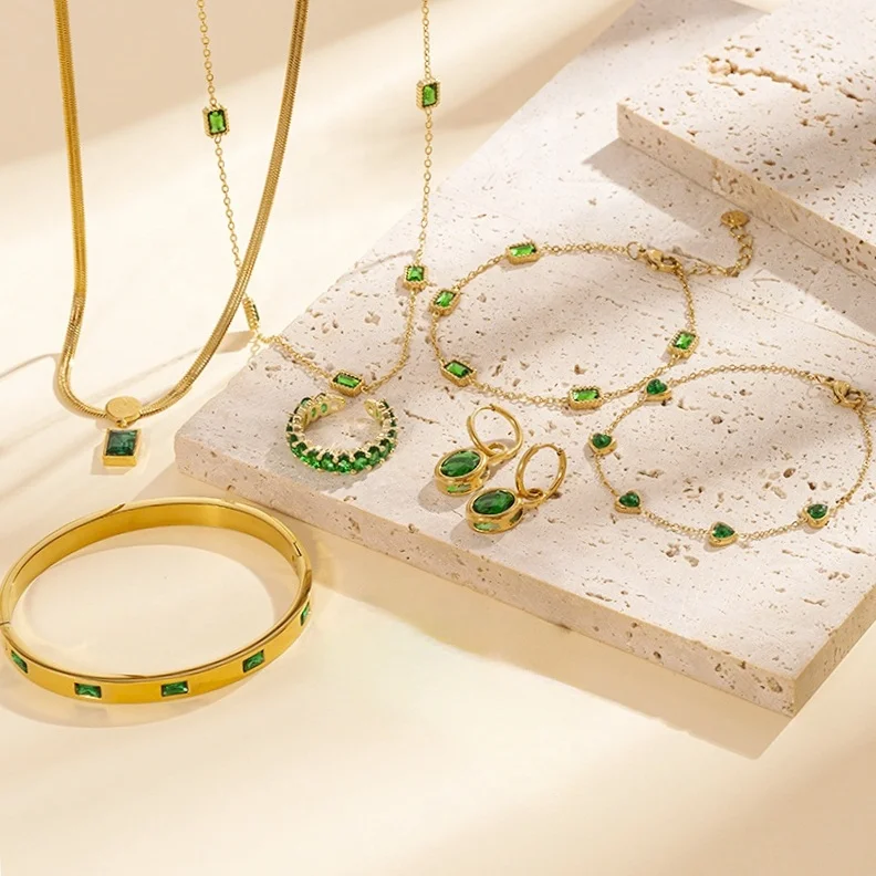 Women Jewelry Vintage Emerald Necklace Earrings Ring Bracelets Bangles ...