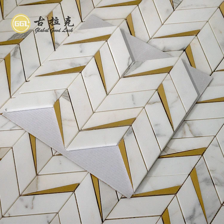 Chevron Marble Brass Mosaic Tiles For Wall And Floor Decoration & Marble Mosaics For Villa supplier