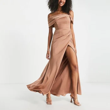 Summer 2022 sexy long dress elegant modest evening dress satin thigh split drape wrap maxi dress for women