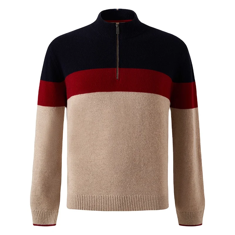 Custom Logo Design Oem Odm Turtleneck Striped Ribbed Men's 100% Wool Knitted Pullover Half Zip Sweater