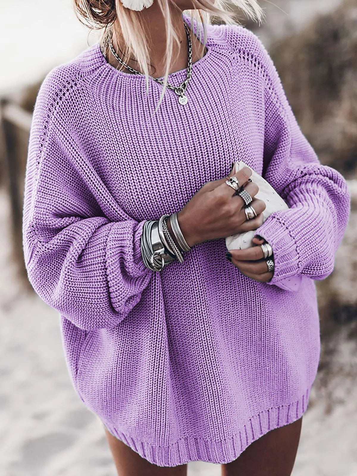 SALENT Women's Oversized Chunky Knit Sweater - Batwing Sleeve Pullover Tunic, Purple, Small - View #7