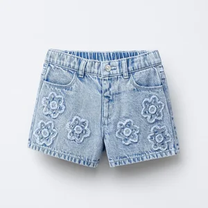 Custom Girls Denim Shorts 100% Cotton Acid Wash with Elastic Waist and Floral Embroidery Fashion Kids Jeans Shorts