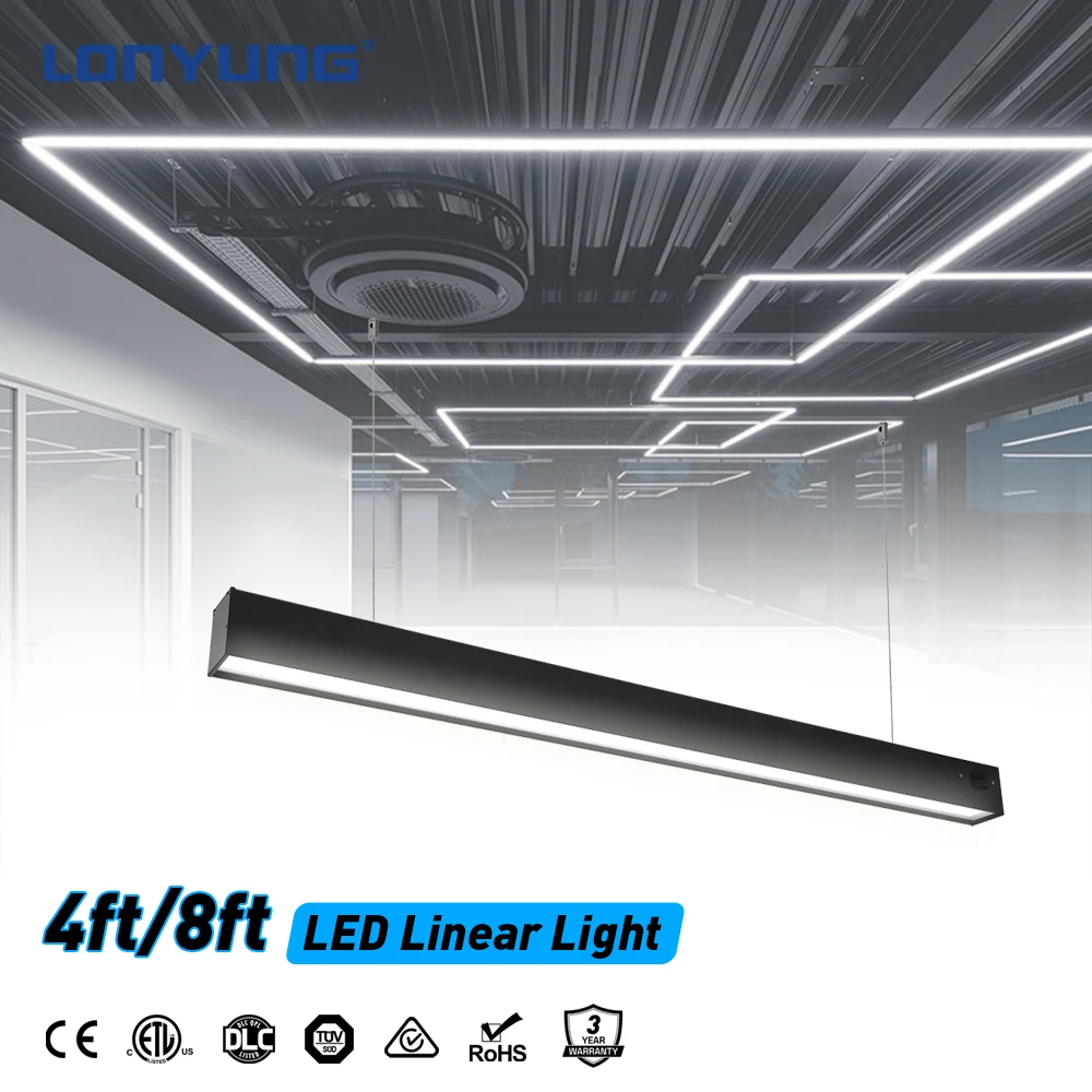 Lonyung CE ETL Black White Modern Indoor Office Square LED Linear Lamp 4FT 8FT Aluminum Long Linear Pendant Light