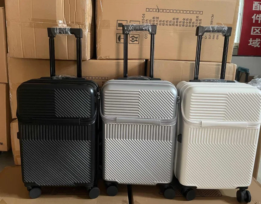 2026 New Design Front-opening Pocket Luggage Charging USB Cup Holder ABS+PC Spinner Anti-Theft 20-inch Boarding Travel Suitcase