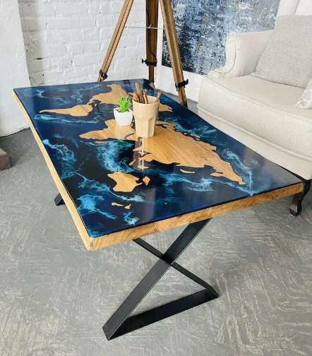Perfect Hot Sales Elegant Customized World Map Epoxy Resin Rectangular  Dining Table for Dining Room Hotel and Living Room
