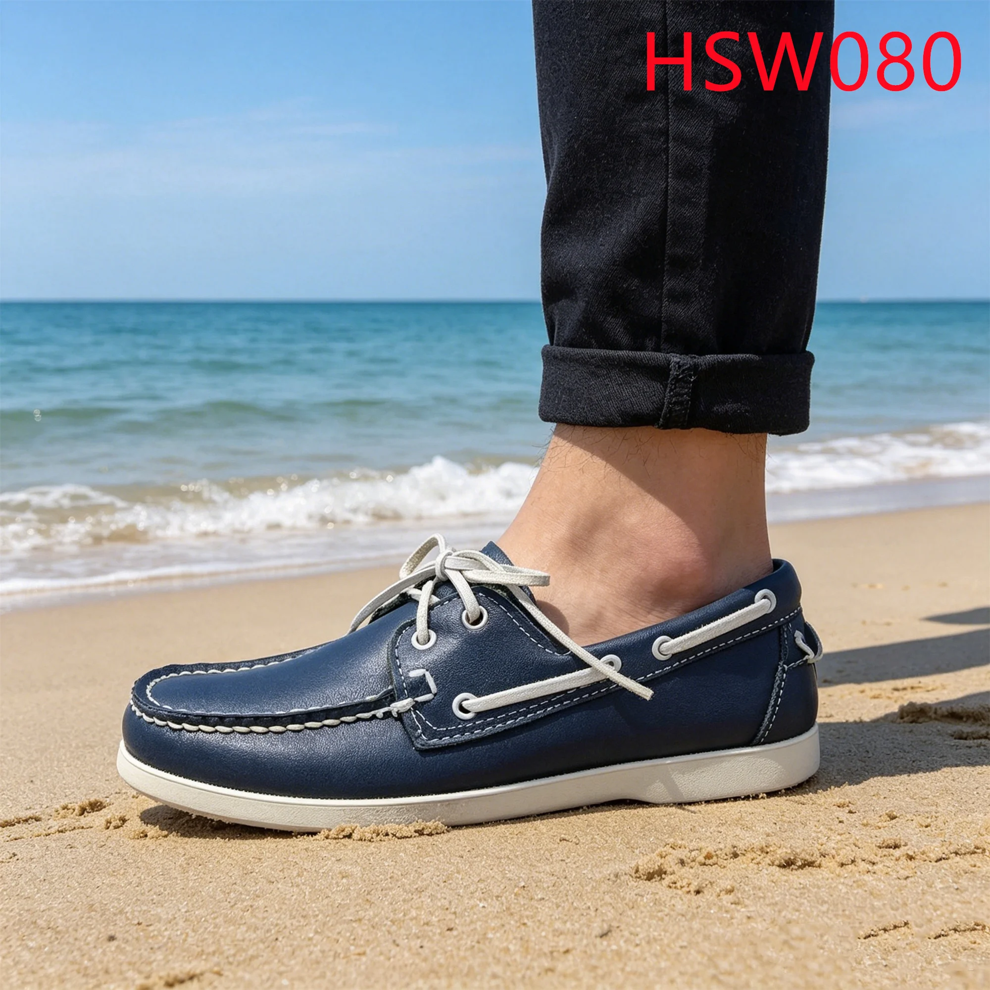 HY,City Walking Top End Full Grain Leather Blue Boat Shoes Hong Kong Popular Authentic Original Hand Stitching Peas Shoes HSW080