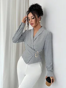 Women's Fashion Clothing New Women's Knitted Top Shirt-style Asymmetrical Metal Unusual Buckle Ribbon Women's T-shirt